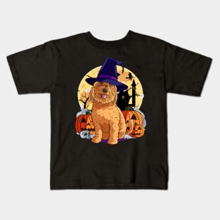 Goldendoodle Cute Dog Witch Halloween Pumpkin Kids T-Shirt